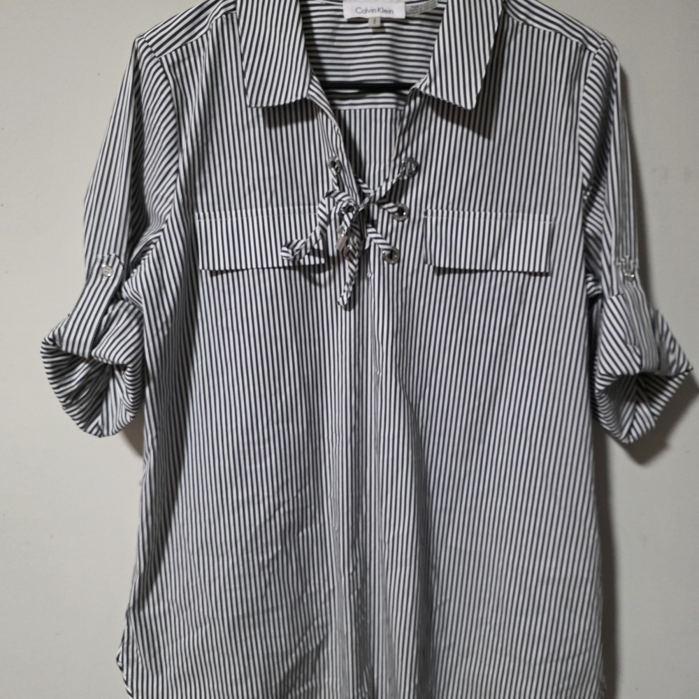 Calvin Klein Men’s Black & White Striped Lace-Up Button Down Shirt